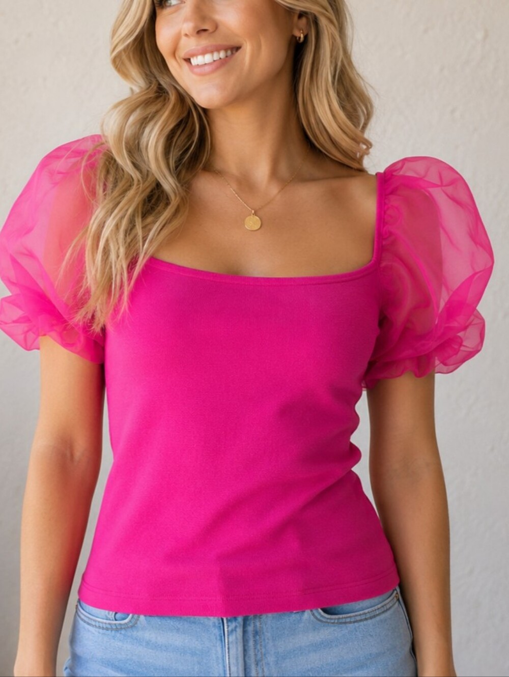House of Harlow 1960 Fuchsia Organza Puff Sleeve Knit Top Size M
